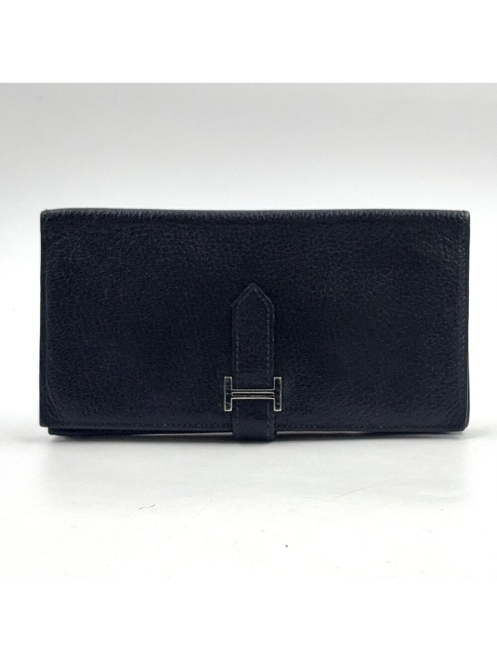 Hermes Bearn Soufflet Leather Black Wallet Silver